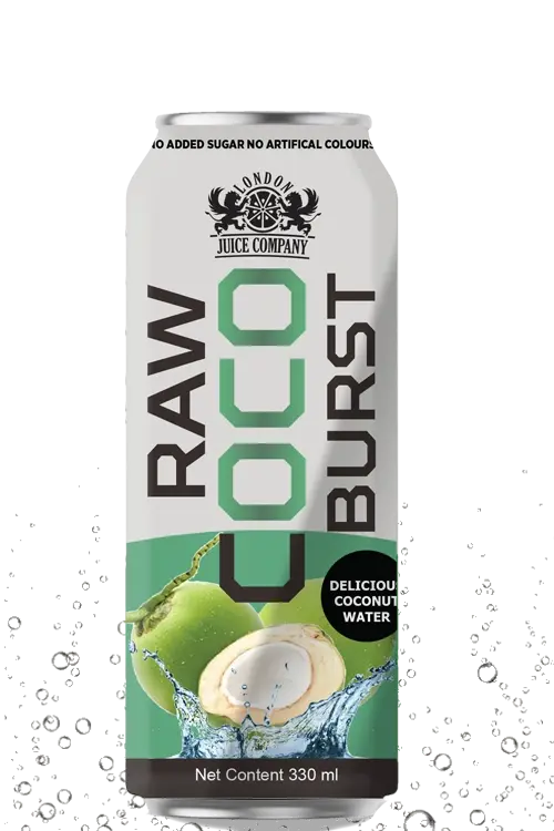 RAW Coco Burst 330ml can of coconut water with pulp, packaged by London Juice Company.